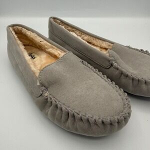 Floopi Moccasin Slipper Womens 10 Grey Faux Fur Lined Micro Suede House Shoes